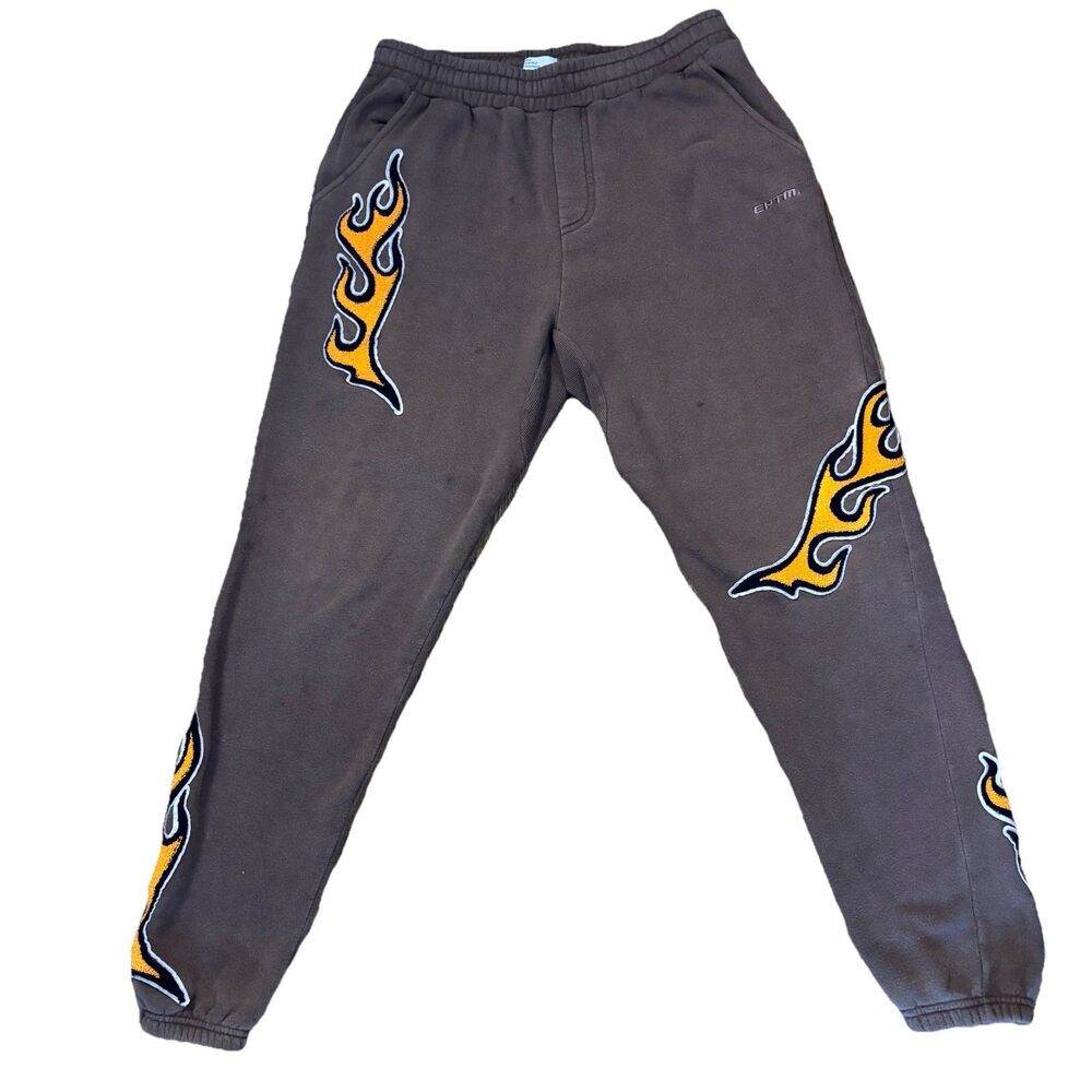 EPTM Flame Sweatpants Mens Large Brown Jogger Pants Streetwear Embroidered